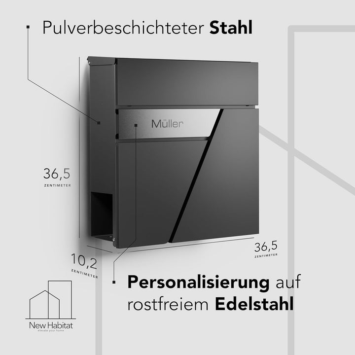 Moderner Briefkasten Personalisierbar Amsterdam Anthrazit RAL7016 - mit Zeitungsfach - Wandbriefkast