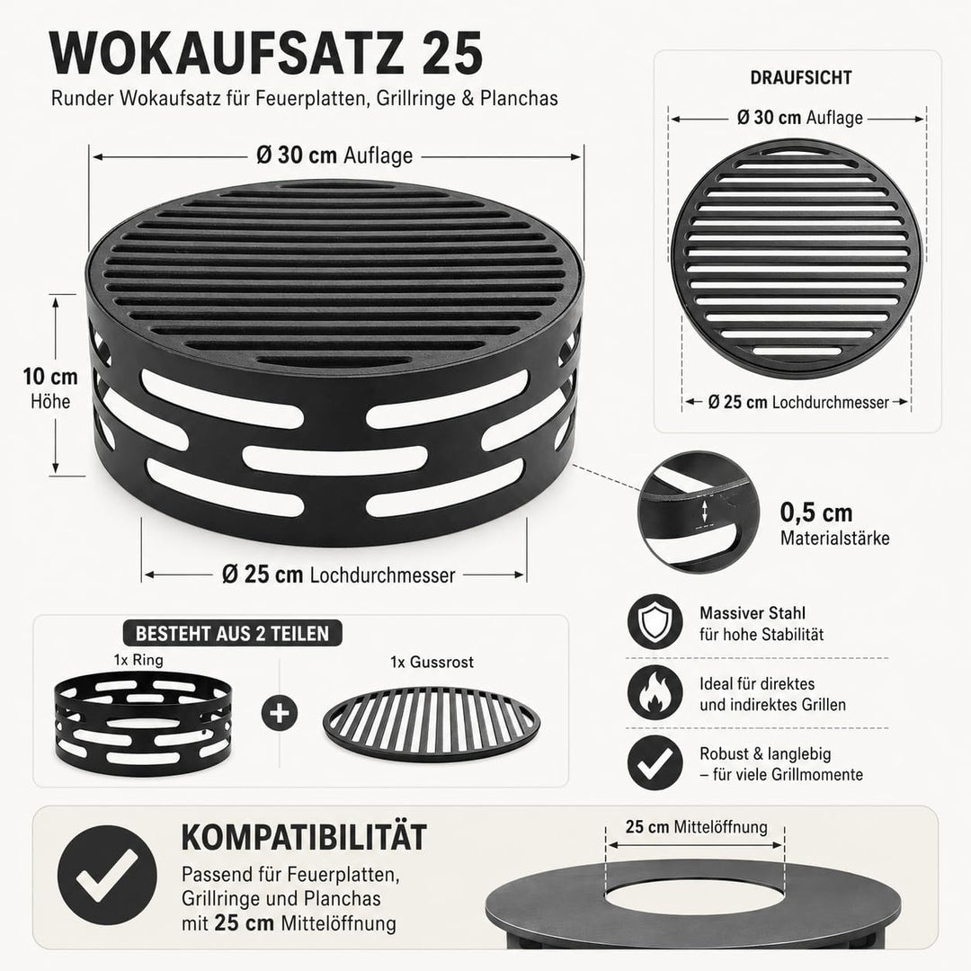 Oleio BBQ Design Schwarzer Wokaufsatz für Feuerplatte | Grillring | Plancha | Grillplatte Wokkrone K