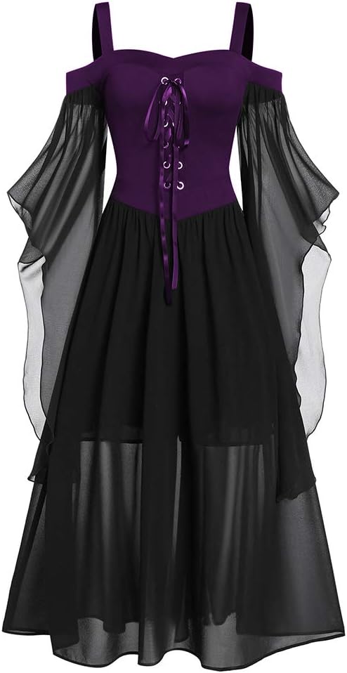 CHARMMA Gothic Halloween Kleid Kostüm Damen,Übergrösse A-Linie Schnüren Maxi Kleider mit Schmetterli