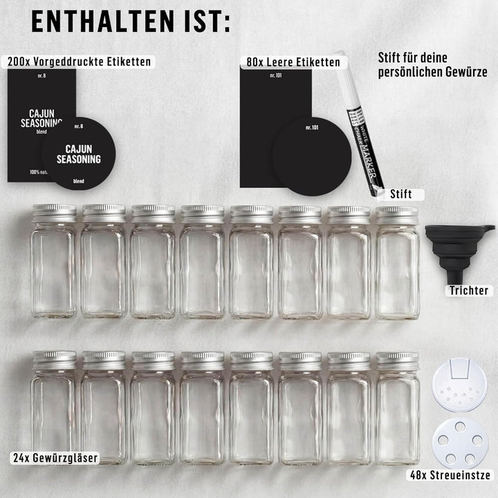 Deco haus Gewürzgläser mit Schraubkappe - 24er Set 120ml - Verschiedene Streuer-Aufsätze, Trichter,