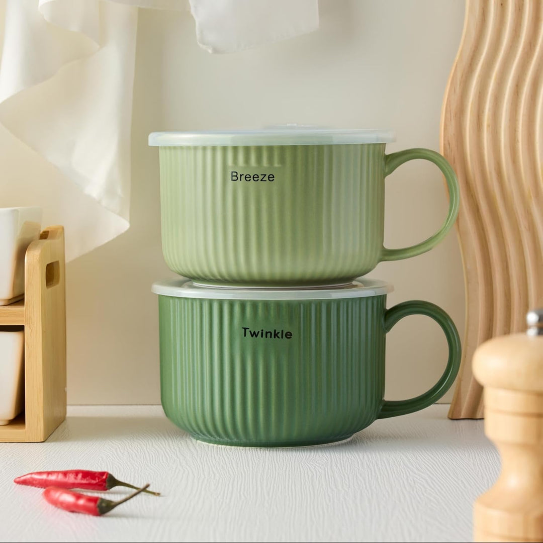 Keramik Suppenschalen mit Griff und Deckel, 750 ml Grosse Suppentasse für Suppe, Instant-Nudel, Müsl