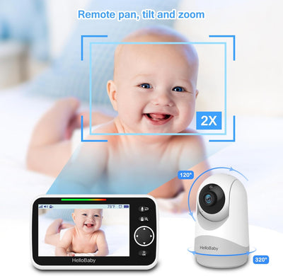 HelloBaby Monitor mit Kamera und Audio, 12,7 cm (5 Zoll) grosser Bildschirm mit 3500 mAh Akku, Ferns