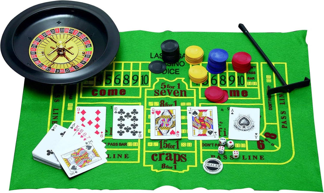 Bo-Toys 5 in 1 Casino Spiele Set: Roulette, Poker, Black Jack, Craps, Chips, Matten, Würfel, Karten,