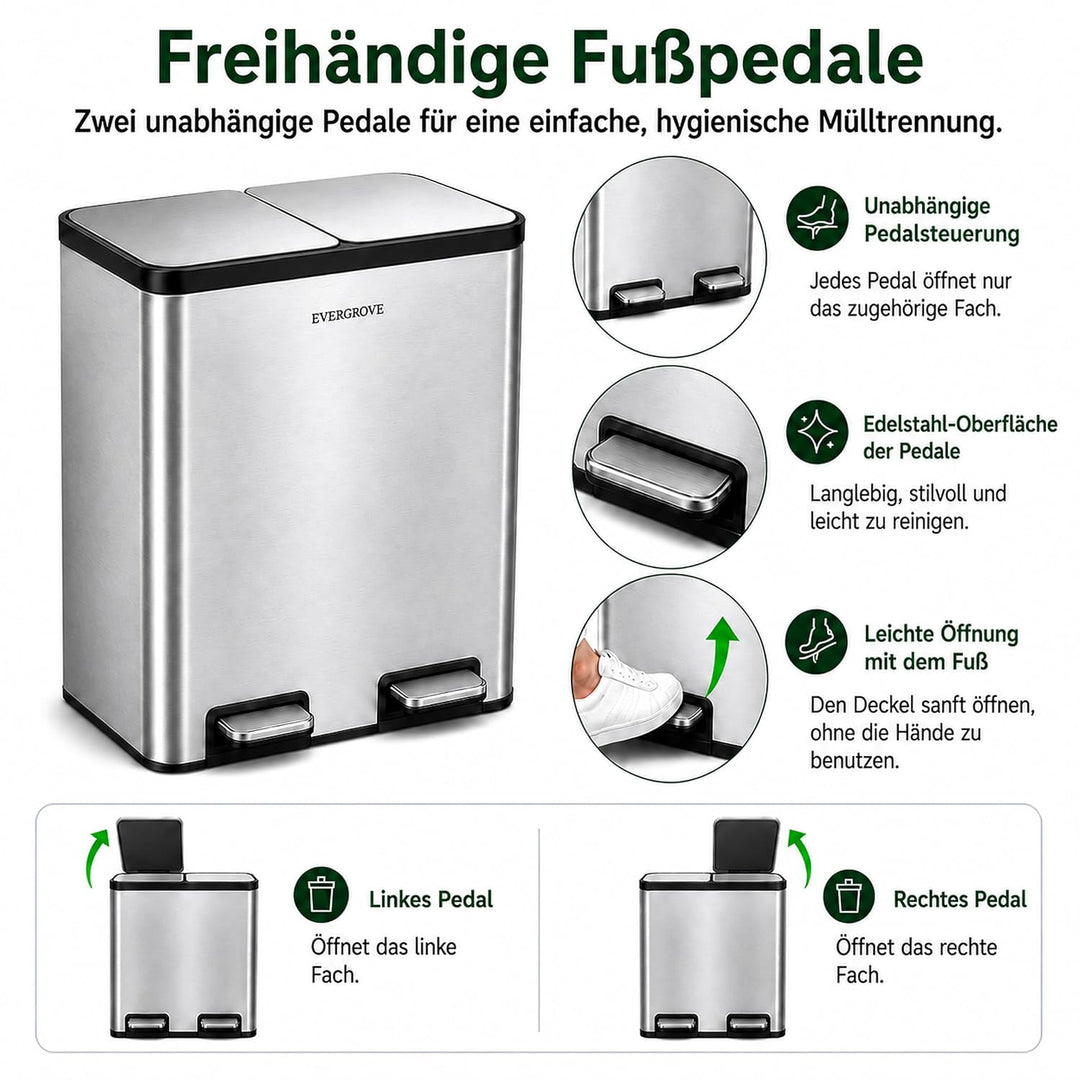 EverGrove 60L Edelstahl-Mülleimer mit Sortierung, zweifach schwarz (Edelstahl, 30, Liter) 30 liters