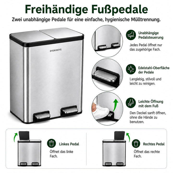 EverGrove 60L Edelstahl-Mülleimer mit Sortierung, zweifach schwarz (Edelstahl, 30, Liter) 30 liters