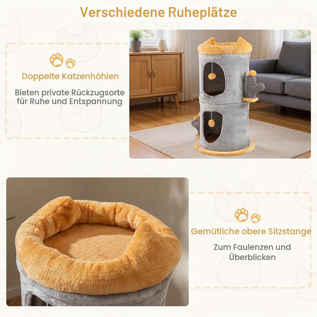 FANTASK Kratztonne Ø48 x 83 cm, Kaktus Kratzbaum mit 2 Katzenhöhlen, Spieltonne mit 2 Bällen &amp; Pfost