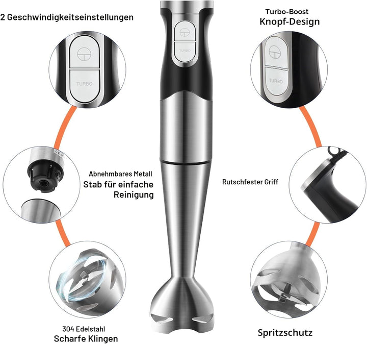 NWOUIIAY Handmixer Stabmixer Elektrischer 6-in-1 1200W Edelstahl Pürierstab mit 600ml Messbecher,Ede