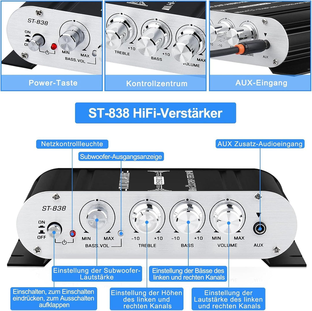 HiFi Audio Verstärker,2.1CH Stereo Verstärker,RMS 20Wx2+40W ST-838 mit Subwoofer Ausgang KlasseD Min