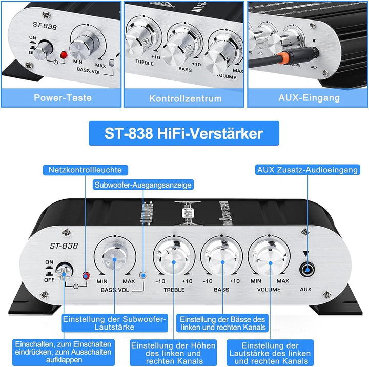 HiFi Audio Verstärker,2.1CH Stereo Verstärker,RMS 20Wx2+40W ST-838 mit Subwoofer Ausgang KlasseD Min