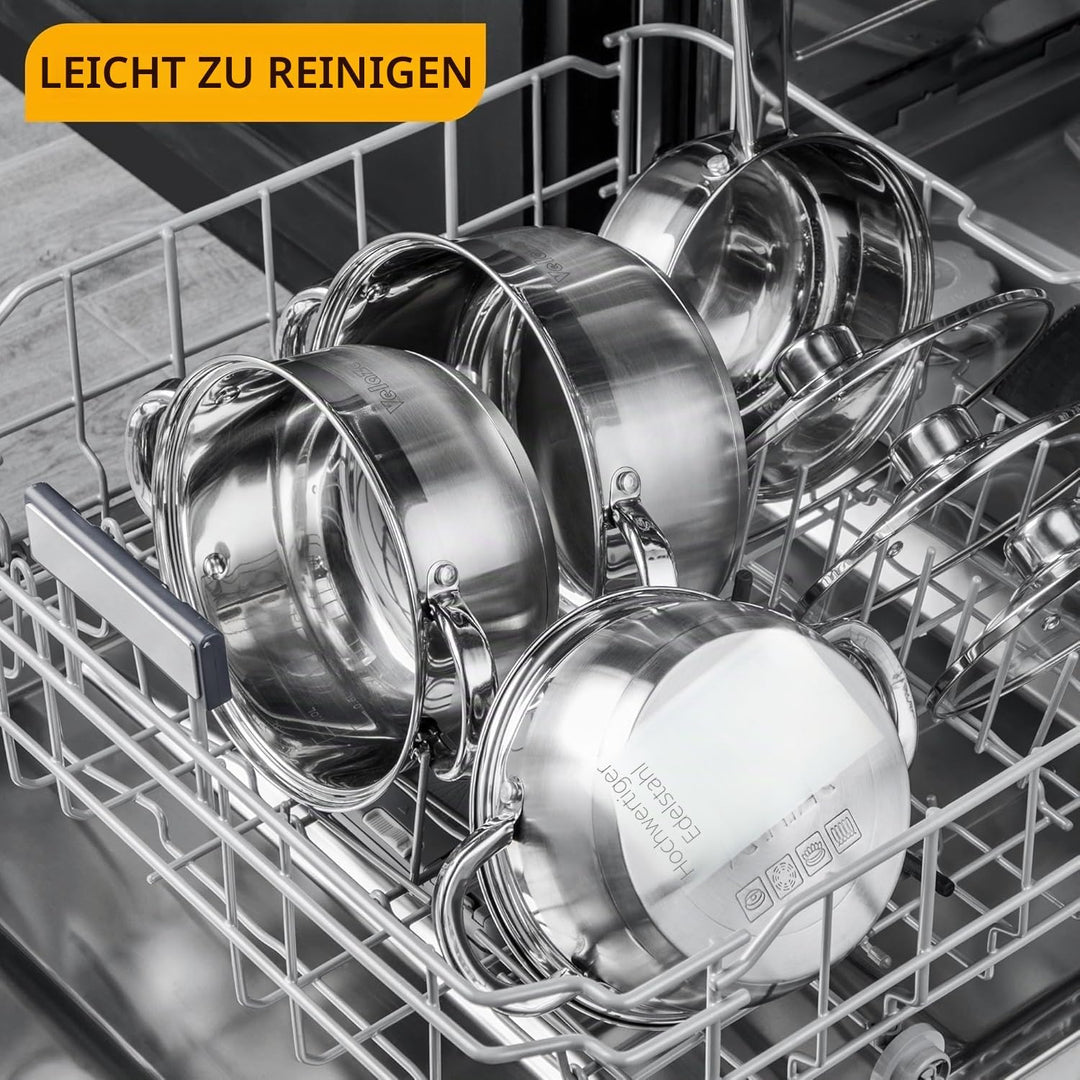 Velaze Töpfe Set, 7-teilig Kochtopf Set aus Edelstahl, Topf Induktion mit Glasdeckeln, PFOA frei, Kl