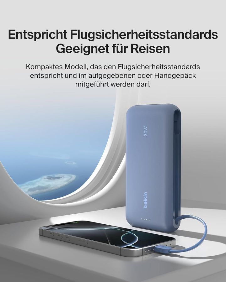 Belkin Portable Powerbank zum Schnellladen mit integriertem Kabel 20K PD 30 W, USB-C Power Delivery,