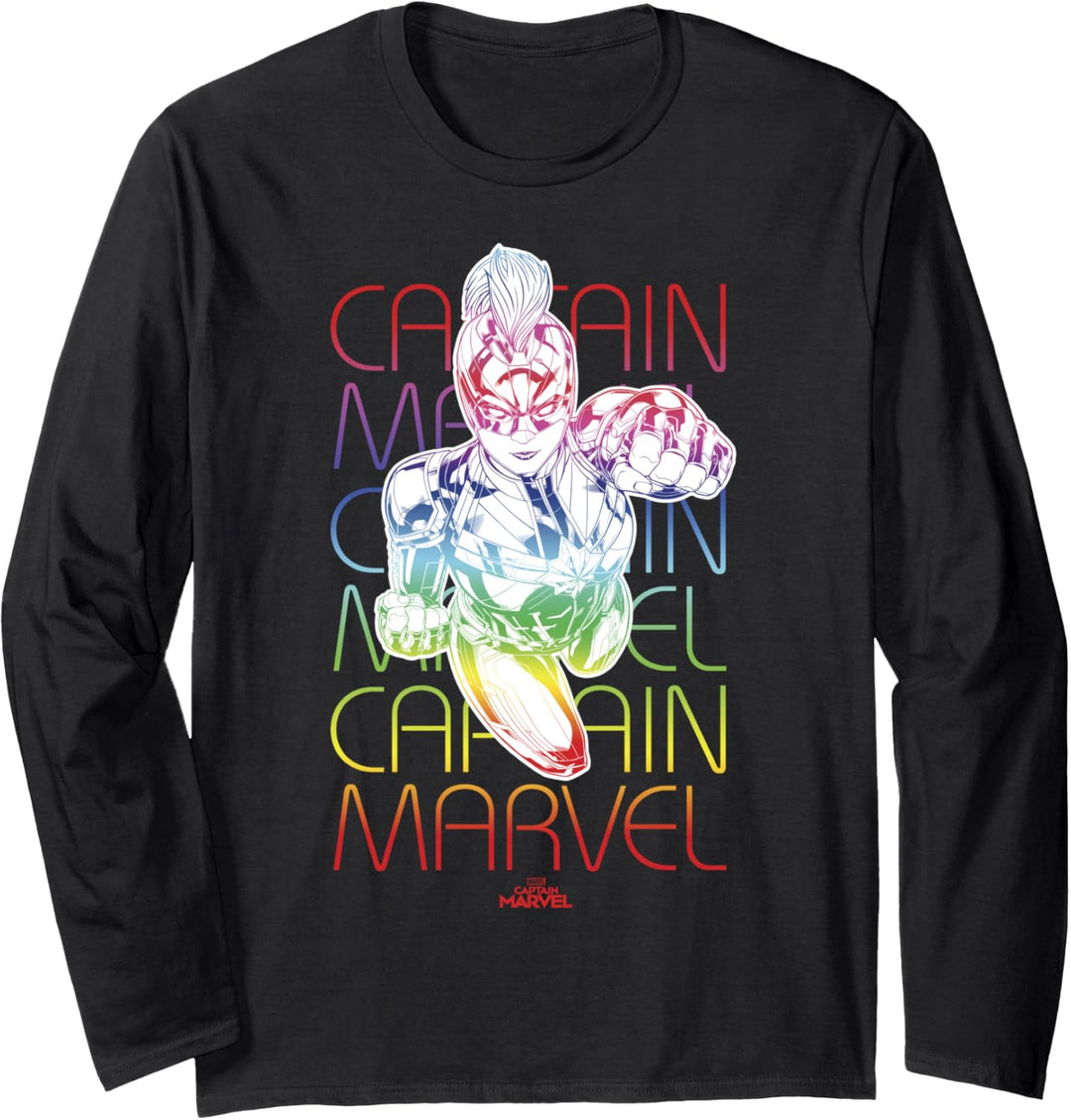 Captain Marvel Rainbow Text Stack Portrait Langarmshirt