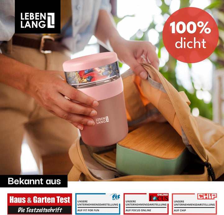 LEBENLANG Müslibecher To Go mit Löffel - Isolierende Edelstahlinnenwand & 650ml I Müslibecher Müsli