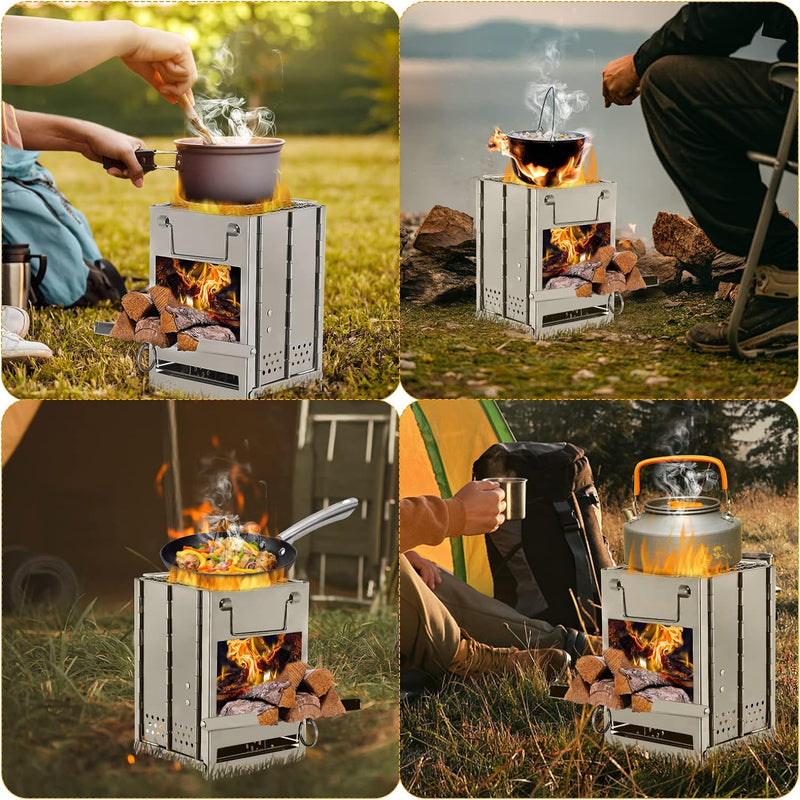 Lixada Camping-Pfanne aus Edelstahl, zusammenklappbar, Holzofen, Mini-Grill, mit Transporttasche, fü