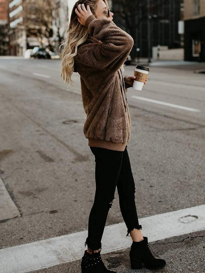 Durio Hoodie Damen Fleece Kapuzenpulli Teddy Fleece Pullover Oversize Sweaterpullover Winter Warm Br