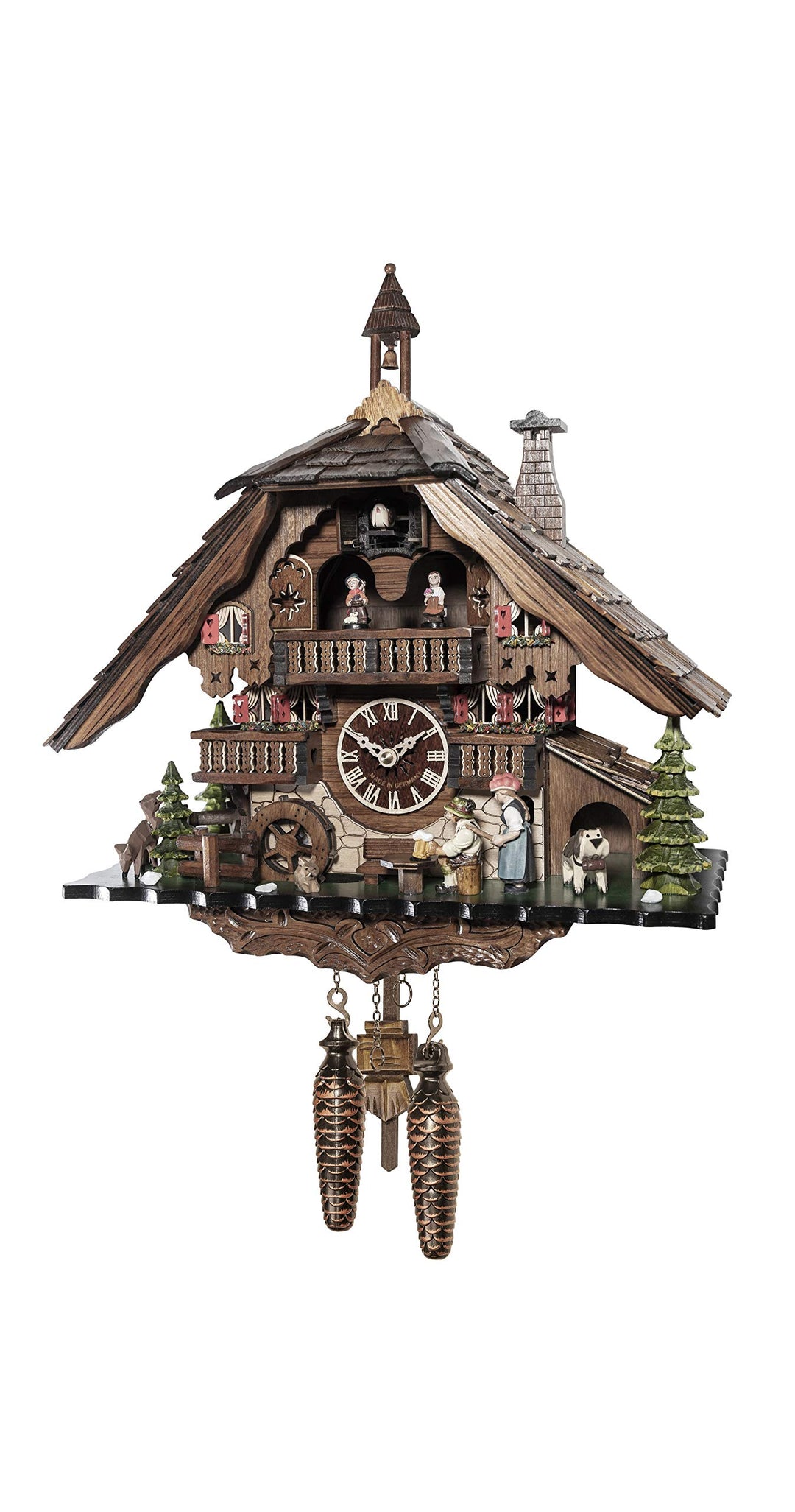 Engstler Quarz Kuckucksuhr Schwarzwaldhaus mit Musik und Tänzern, drehendem Mühlrad, der Biertrinker