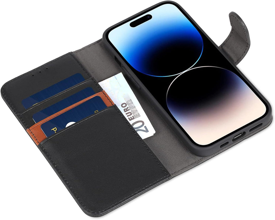 LENSUN Echtleder Hülle für iPhone 14 Pro, Handyhülle [Echtes Leder][Magnetverschluss][RFID Schutz] H