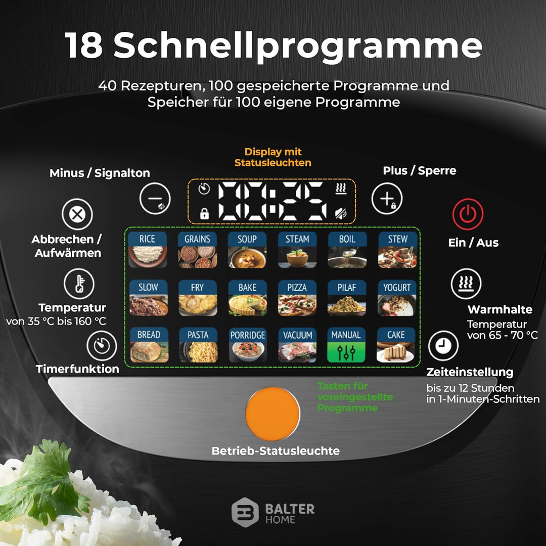 Balter Reiskocher, Multikocher mit 18 Programme, 4L Rice Cooker, Multicooker, Fuzzy-Logic, Dampfgare