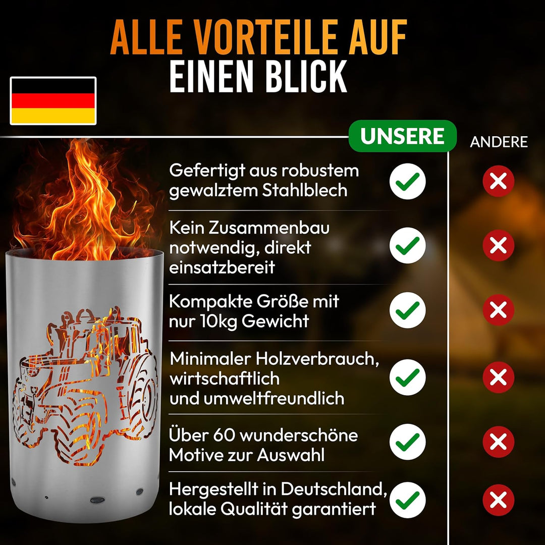 TiKo-Design® Feuertonne Traktor Motiv aus Stahl – Feuerkorb Garten & Terrasse – Hochwertige Feuerste