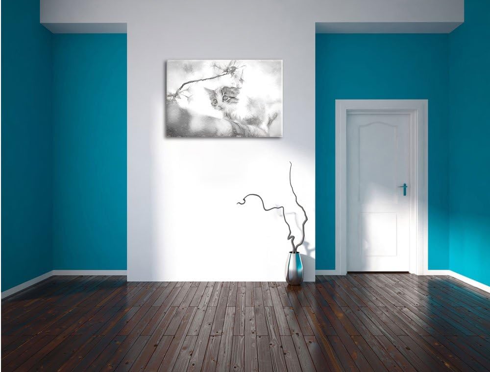 Pixxprint Süsses Kätzchen im Kirschbaum Kunst Kohle Effekt, Format: 100x70 auf Leinwand, XXL riesige
