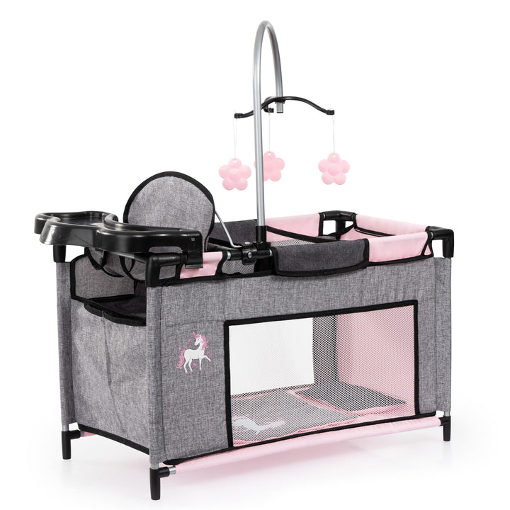 Bayer Design 62633AB Puppenbett mit Schrank, Sitz, Mobile, Ablage, Bettdecke, Kissen, Jeans-grau, ro