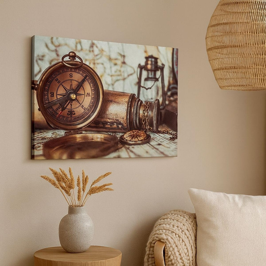 Bilder auf Leinwand Kompass Teleskop Abenteuer antik Leinwandbild 70x50cm Wandbilder Dekoration Wohn