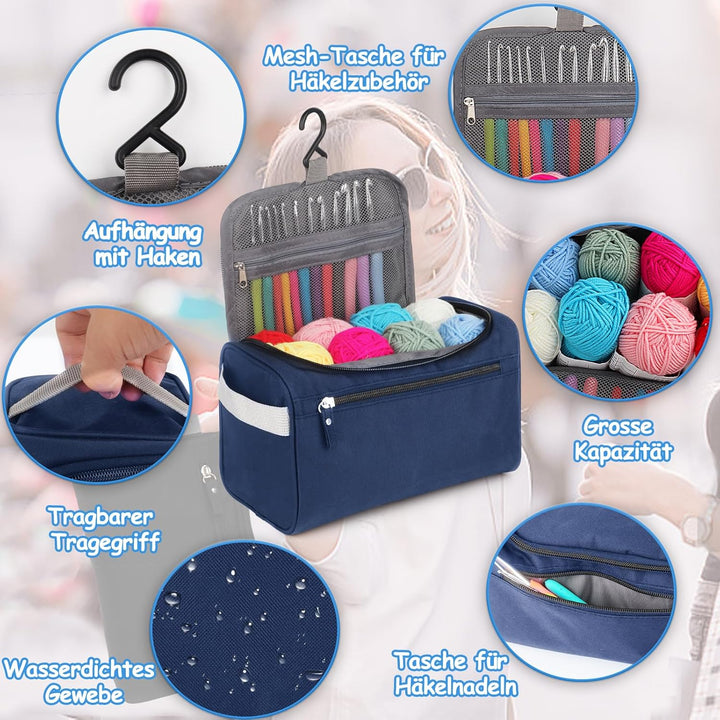 Coopay 73 Stück Häkelset für Anfänger, Tragbar Häkelnadel Set mit 15 Wolle, Tasche, Häkelzubehör, 2,