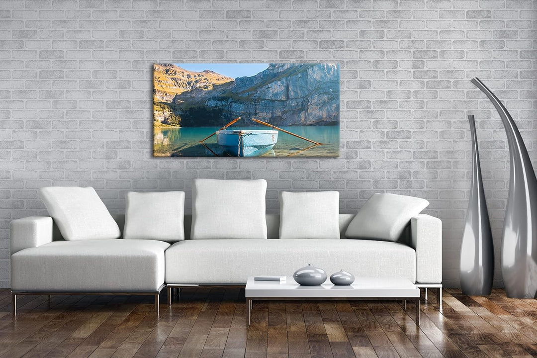Traumhaftes Boot am See Panorama 100x50 cm als Leinwandbild, Motiv fertig gerahmt auf Echtholzrahmen