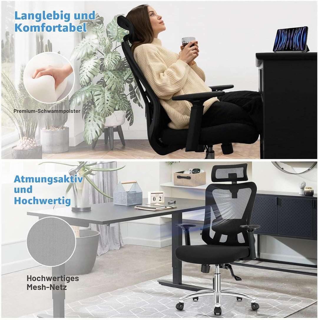 Durrafy Ergonomischer Bürostuhl, Schreibtischstuhl hat Kopfstütze, Lendenwirbelstütze, Armlehnen, Hö