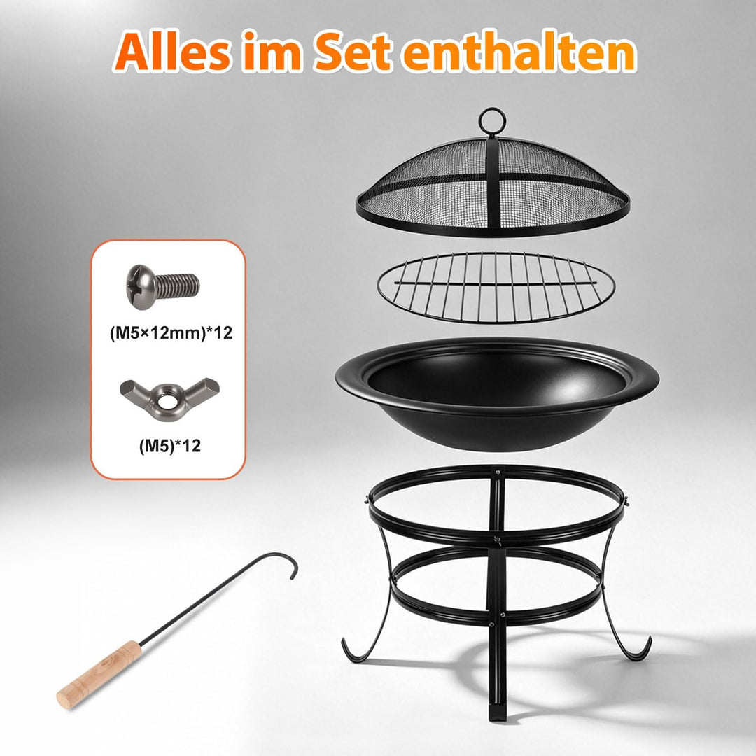 Feuerstelle Ø55cm mit Funkenschutz Schürhaken und wärmeisoliertem Ø 55 cm Set, Ø 55 cm Set