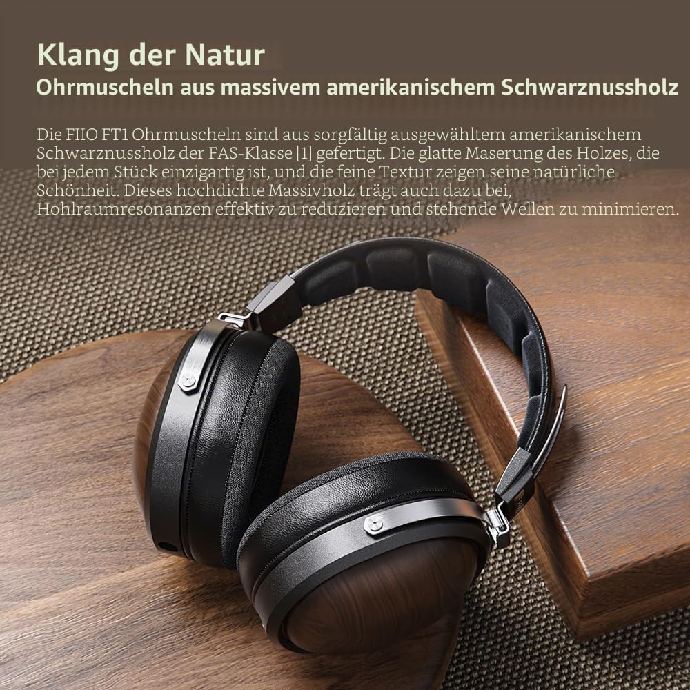 FiiO FT1 32Ω grosse dynamische Treiber-Kopfhörer mit Massivholzschalen Schwarz, Schwarz