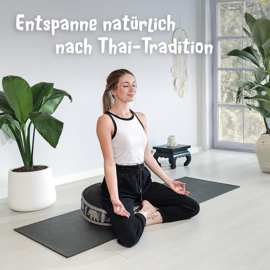 livasia Meditationskissen mit Thaiseide - Ø 45x15cm - Yogakissen mit Kapok, Pouf, Bodenkissen für Yo