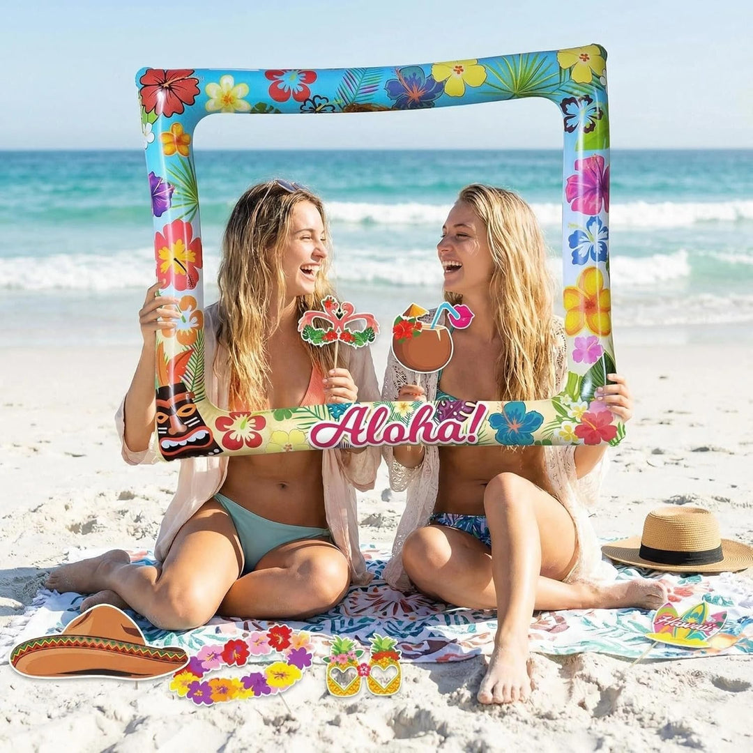 Hawaii Fotobox Accessoires 30 Stück mit Aufblasbarem Fotorahmen 75 x 65cm, Sommer Foto Requisiten, P