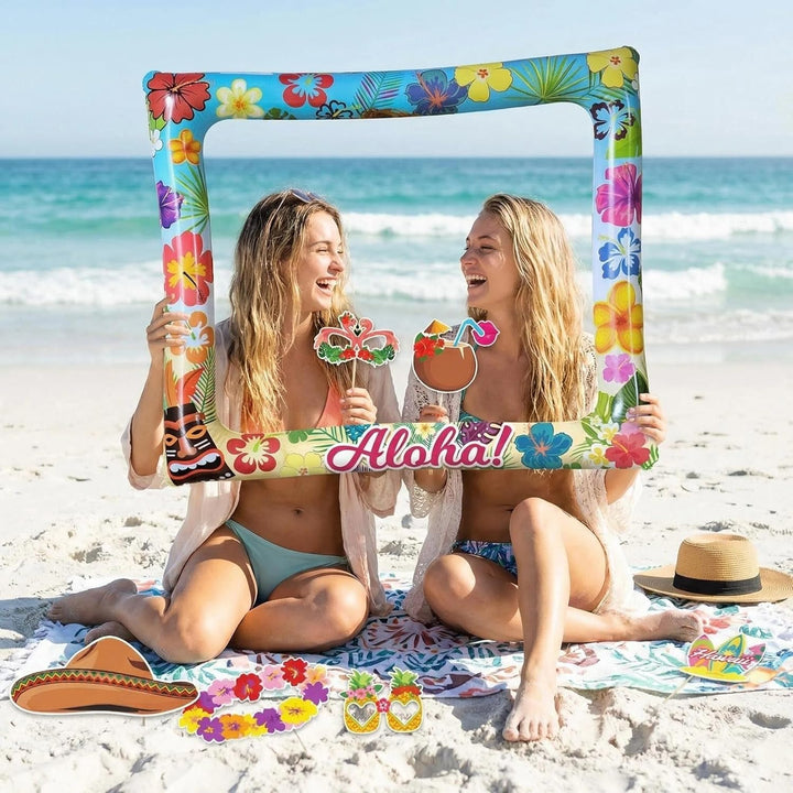 Hawaii Fotobox Accessoires 30 Stück mit Aufblasbarem Fotorahmen 75 x 65cm, Sommer Foto Requisiten, P