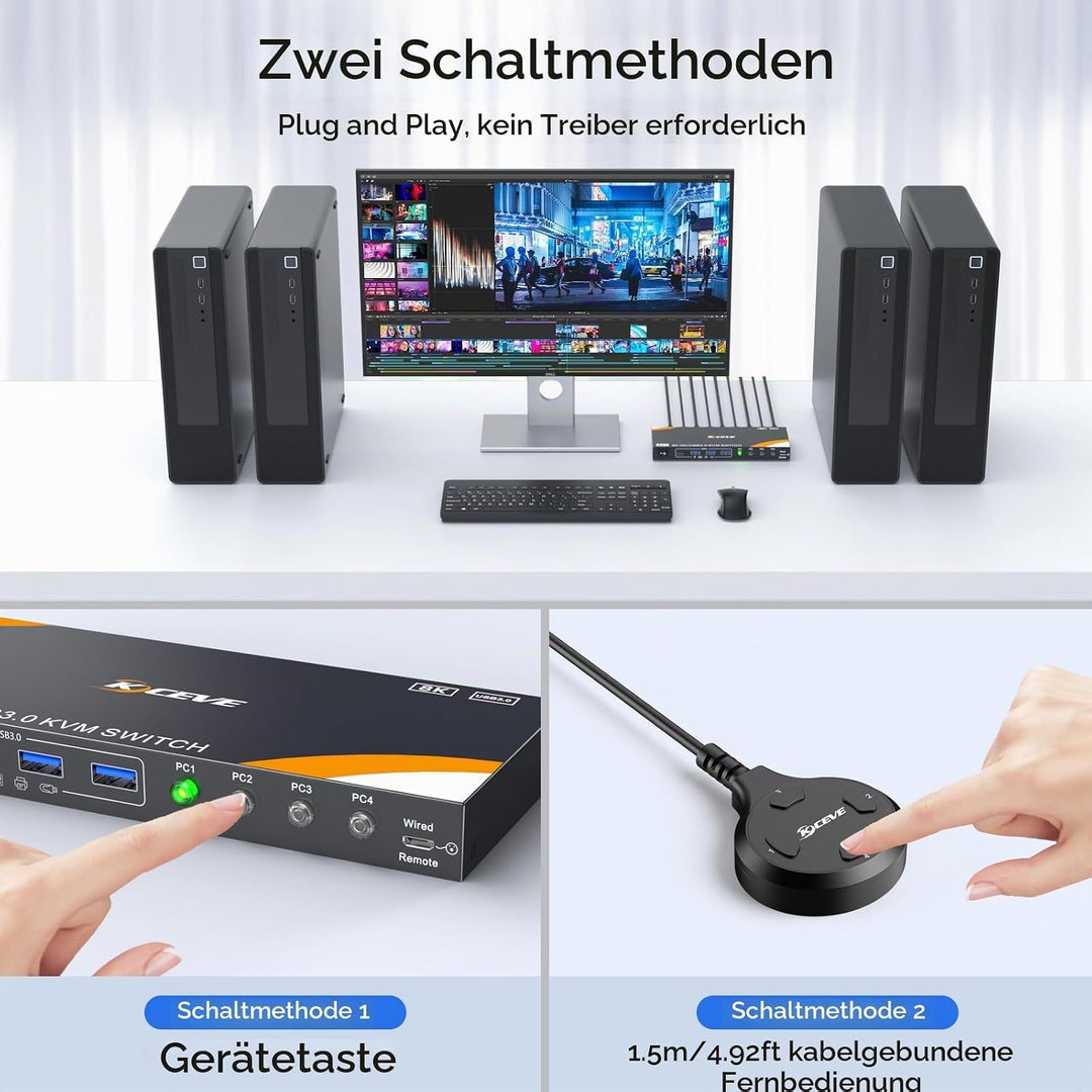8K KVM Switch 4 PC 1 Monitor HDMI 8K@60Hz 4K@144Hz, HDMI2.1 USB 3.0 KVM Switch 4 Ports für 4 PC Teil
