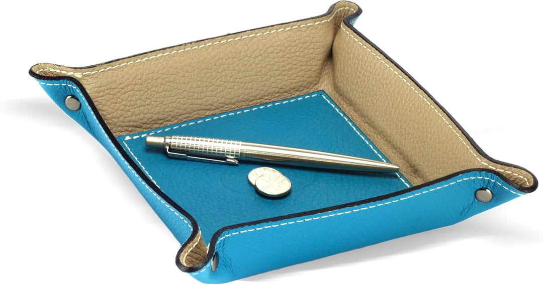 Luni Taschenleerer Leder, Handgearbeitet in klassischem italienischem Stil, Ordentlich Tablett, Aqua