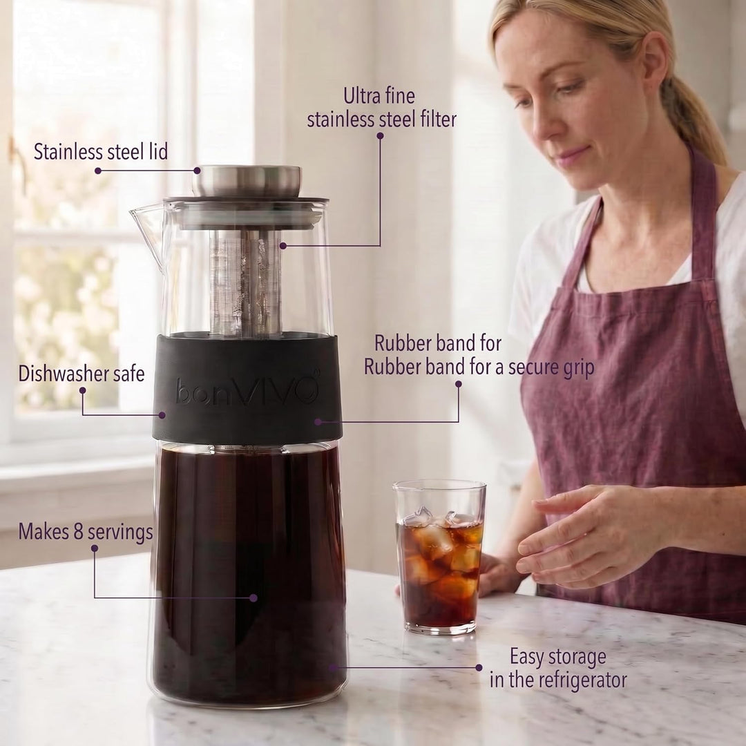 bonVIVO Cold Brew Coffee Maker - Kaffeebereiter mit Glaskaraffe aus Borosilikatglas und Edelstahl-Fi