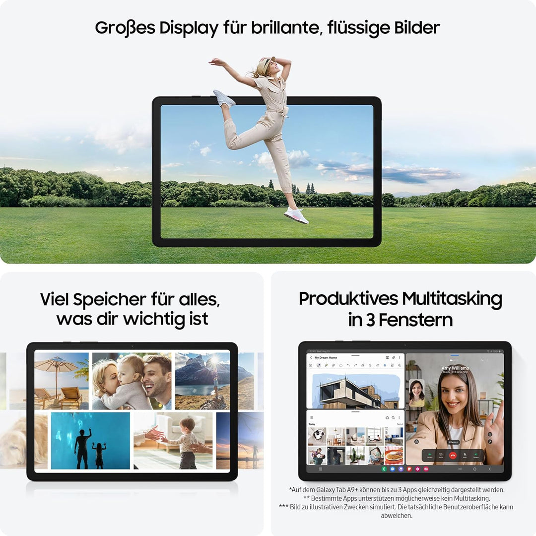 Samsung Galaxy Tab A9+ WiFi Android-Tablet, 128 GB Speicherplatz, Grosses Display, 3D-Sound, Simlock