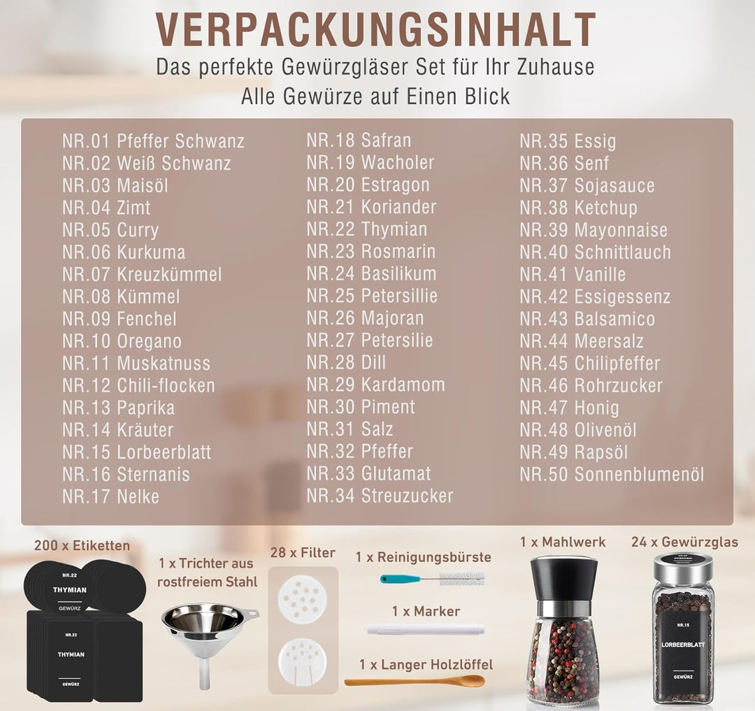 Gewürzgläser Eckig 24 Stück mit Edelstahl-Deckel & Gewürzmühle – Luftdichte Gewürzdosen Set inkl. 20