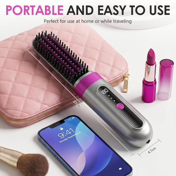 Tragbare Glättungsbürste für Haarstyling, Bwaliffury Kabellose Glättbürste, 4000mAh Wiederaufladbare