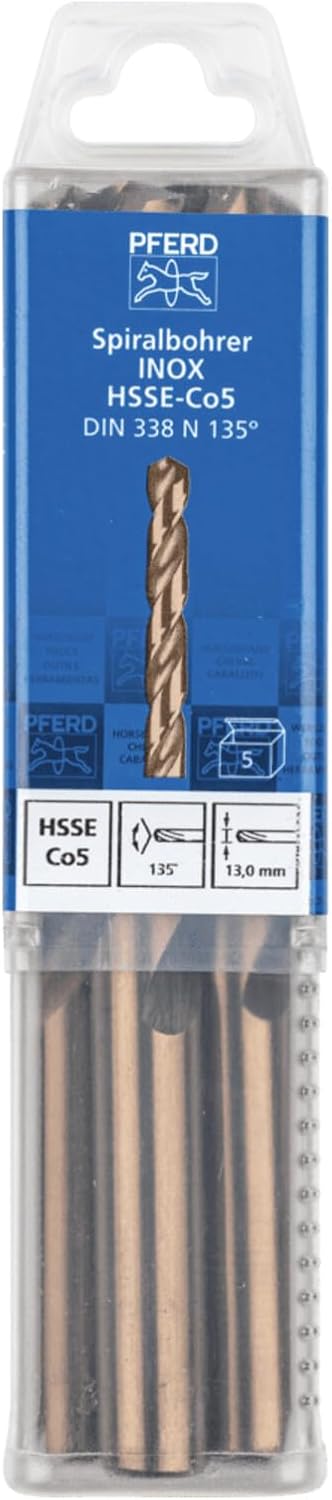 PFERD Spiralbohrer INOX, 5 Stück | Ø 13 mm, HSS-E Co5 N, DIN 338, 135° | 25203585 - für zähe und har