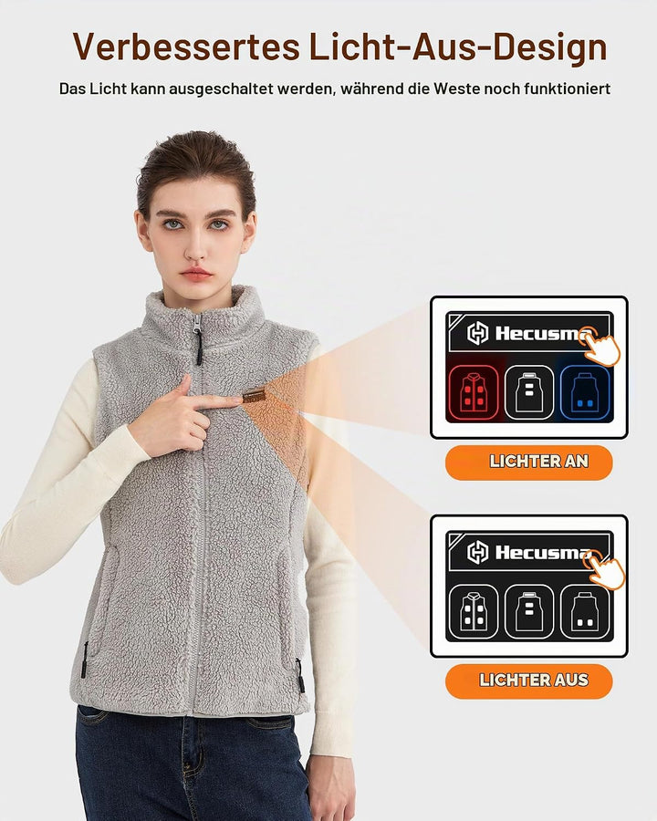 Flauschige Heizweste Damen mit 16000mAh 7.4V Powerbank inklusive, Sherpa Beheizte Weste Damen, Elekt