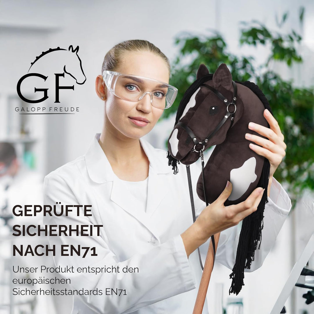 GaloppFreude® Hobby Horse Pferde Braunschecke – Grosses A3 Steckenpferd mit Schraubstab & Trense – H