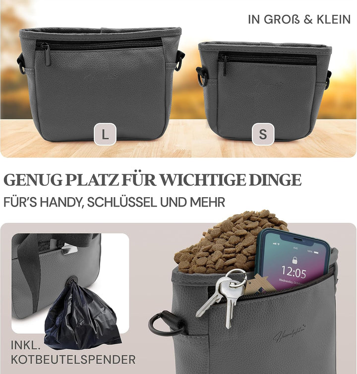 Heimatpfoten® Futterbeutel für Hunde aus Leder-Imitat - Gassi-Tasche mit Einhand Magnet-Verschluss H