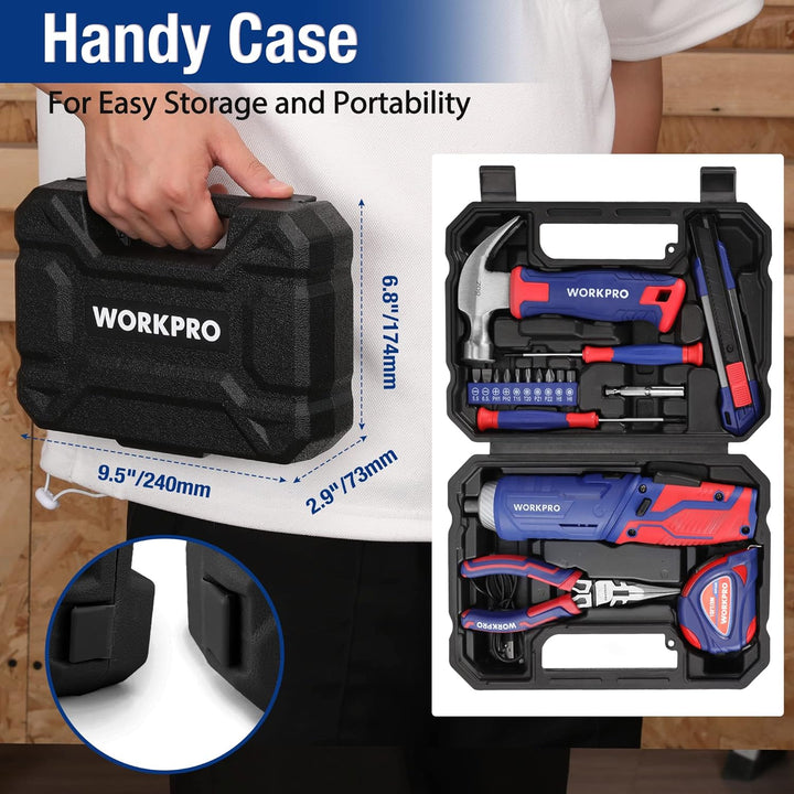 WORKPRO 18 tlg. Werkzeugset mit 3,7V USB C Akkuschrauber klein, Werkzeugkoffer gefüllt Werkzeugsatz