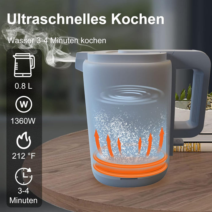 FENGJIE 0,8l Edelstahl Wasserkocher Camping Reisewasserkocher 1360W Kabellos Doppelwand-Design Teeke