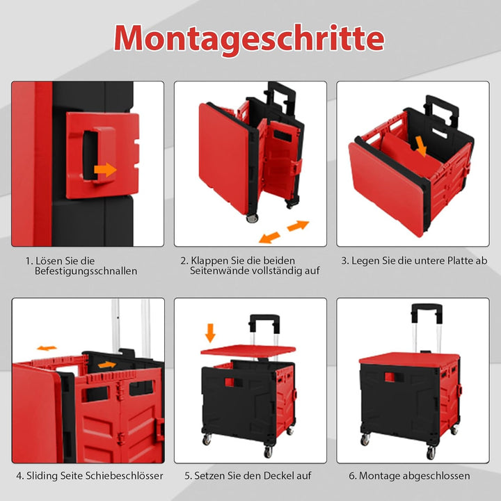 Einkaufstrolley Klappbar, Transport Trolley, bis 50 kg, 50 l Kiste, Einkaufskorb mit Deckel, Auszieh