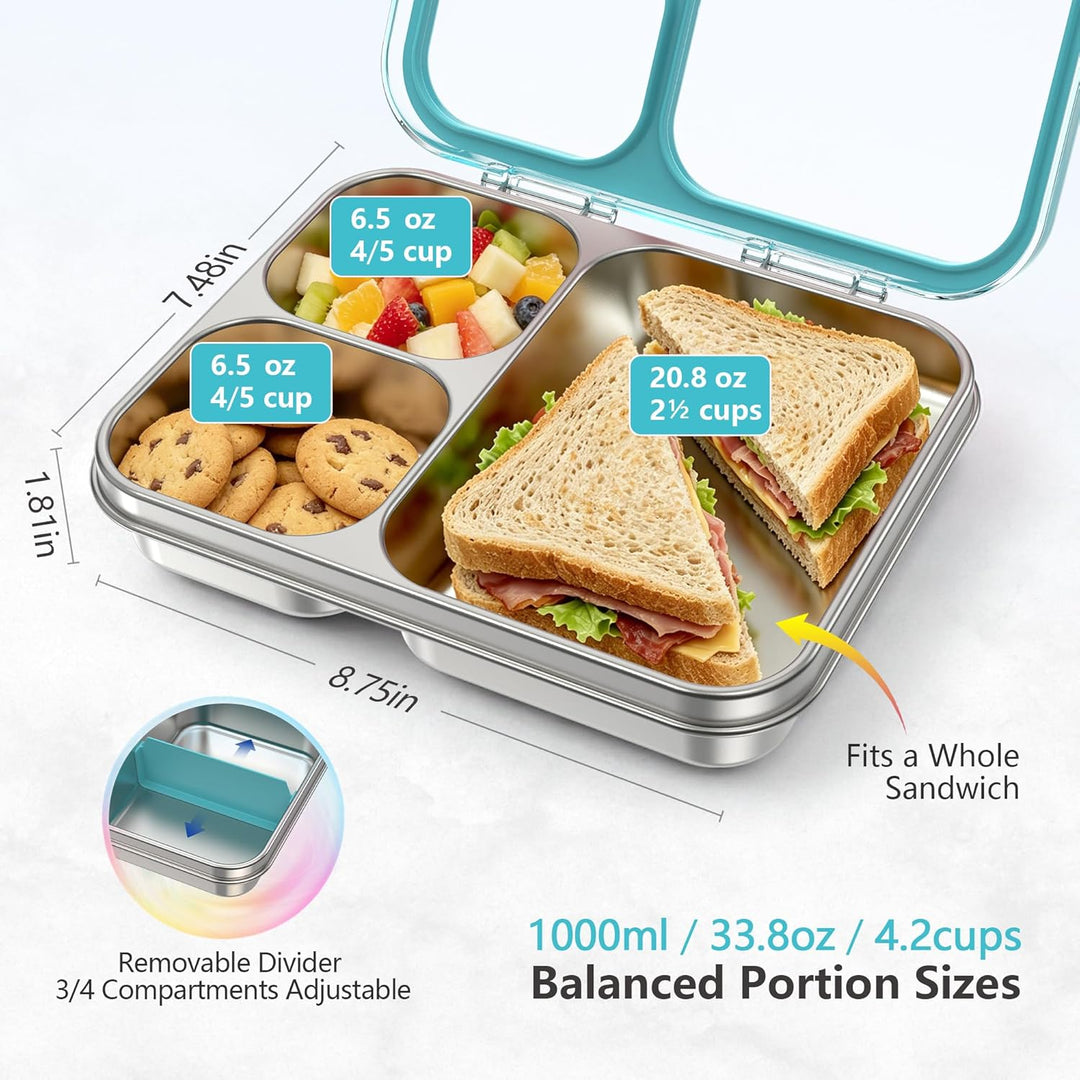 VITONIS Edelstahl Brotdose Lunchbox mit 3 Fächern mit Tritan-Deckel, 1000ml Metall Bento Lunch Box K