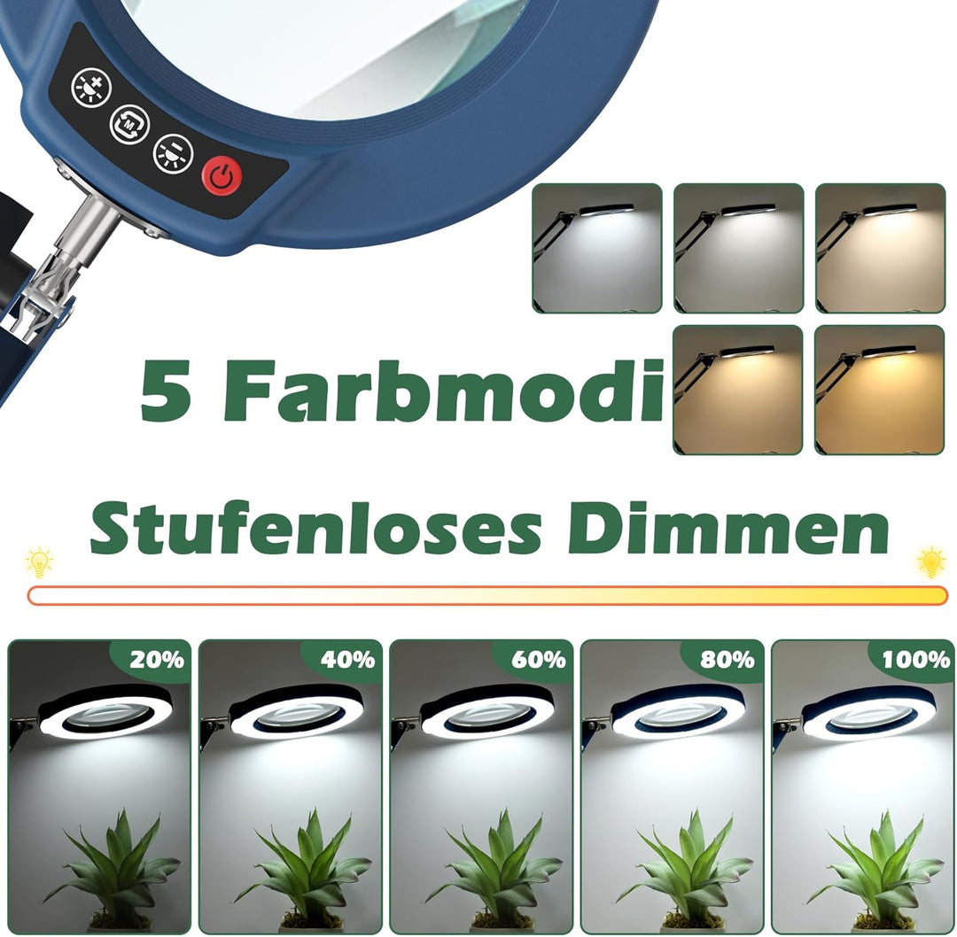 10X Lupe mit Licht und Ständer, Echter Glaslinse 2-in-1 Lupenlampe und Klemme, LED Beleuchtete Lupe