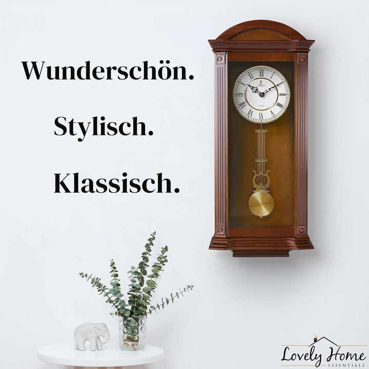 Verona Edel Holz Pendel Wanduhr mit Glas Front – Schöne und dekorative Uhr mit mittelgross braun fin